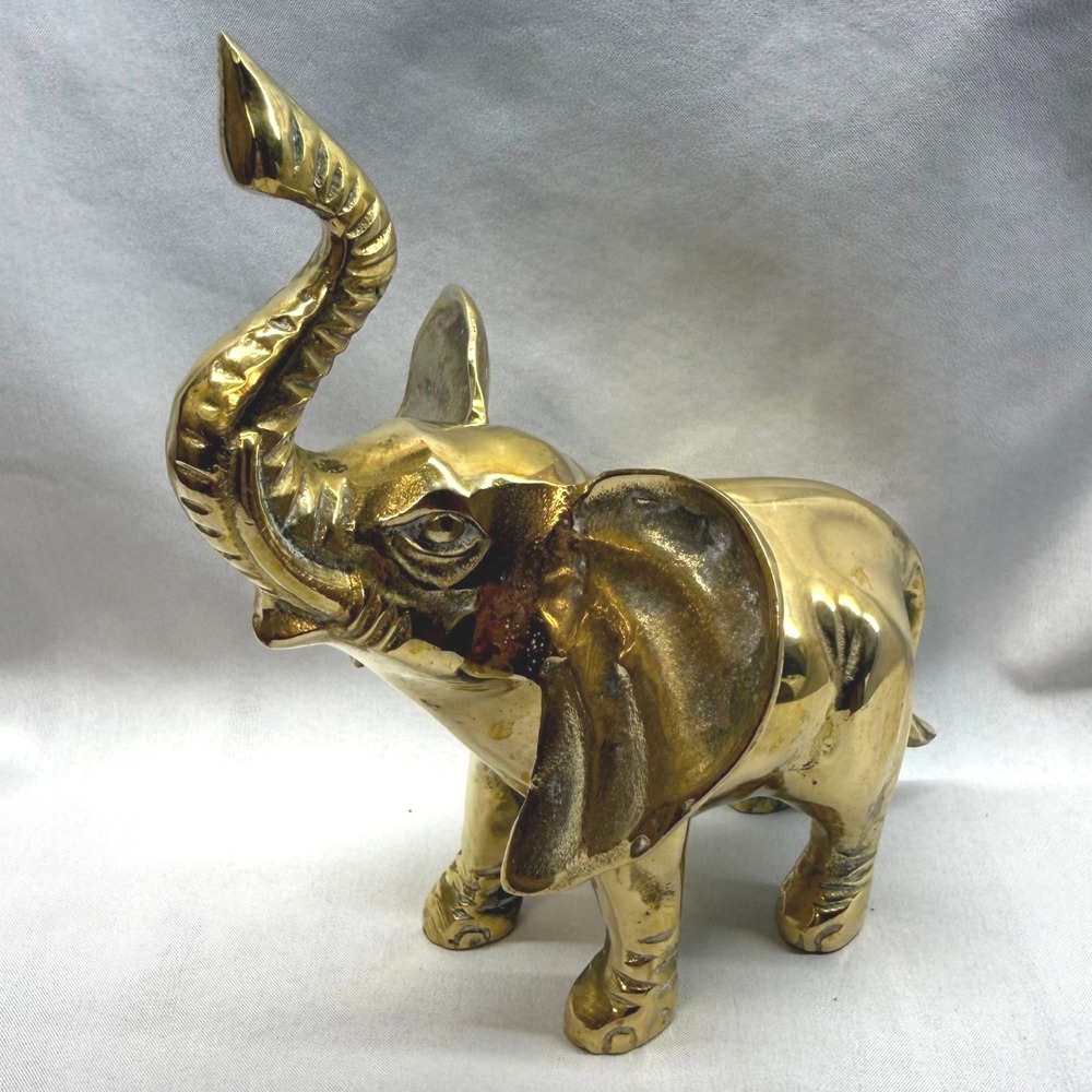 Vintage Brass Elephant Figurine Unisex Medium Gold Good Luck Trunk Up Statue